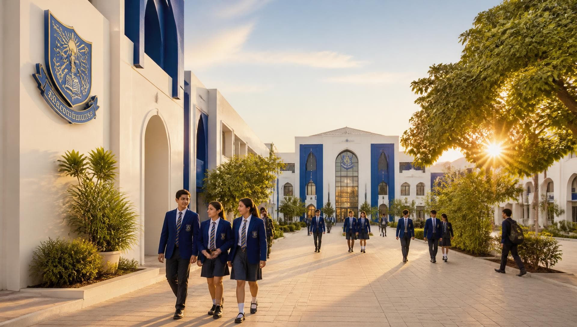 Students walking through the Dar-e-Arqam campus in morning light
