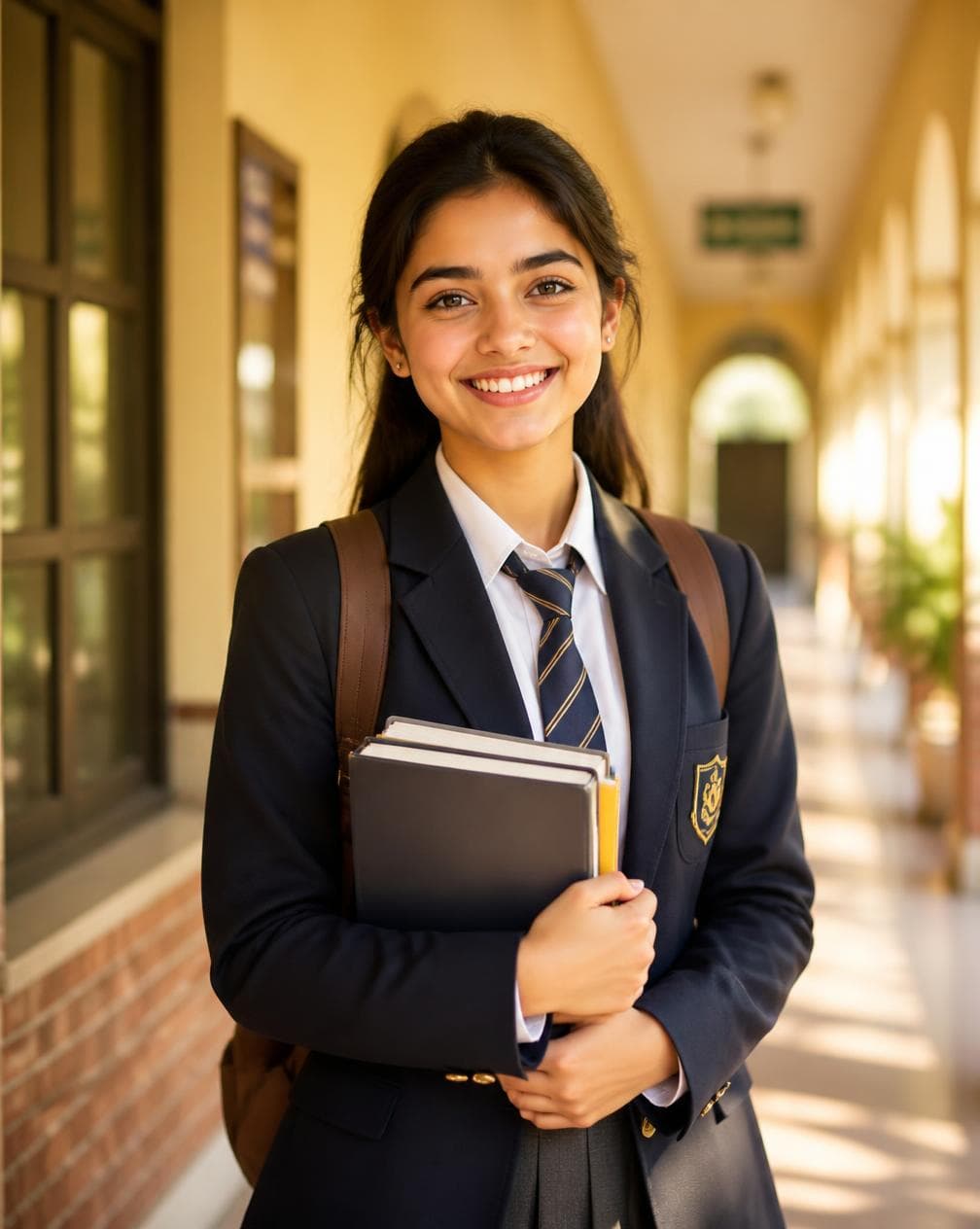 A Dar-e-Arqam student smiling in a sunlit school corridor